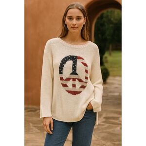 WOODEN SHIPS White USA Peace Sign Knit Pullover Sweater Top  Women's Size Medium
